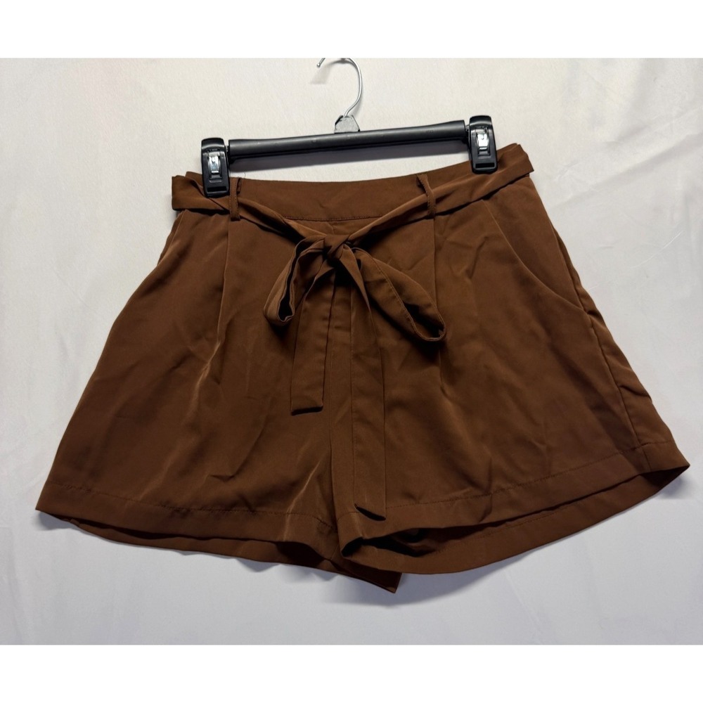 Blue Rain Paperbag Shorts Womens Medium Brown Pleated Adjustable Tie Ribbon